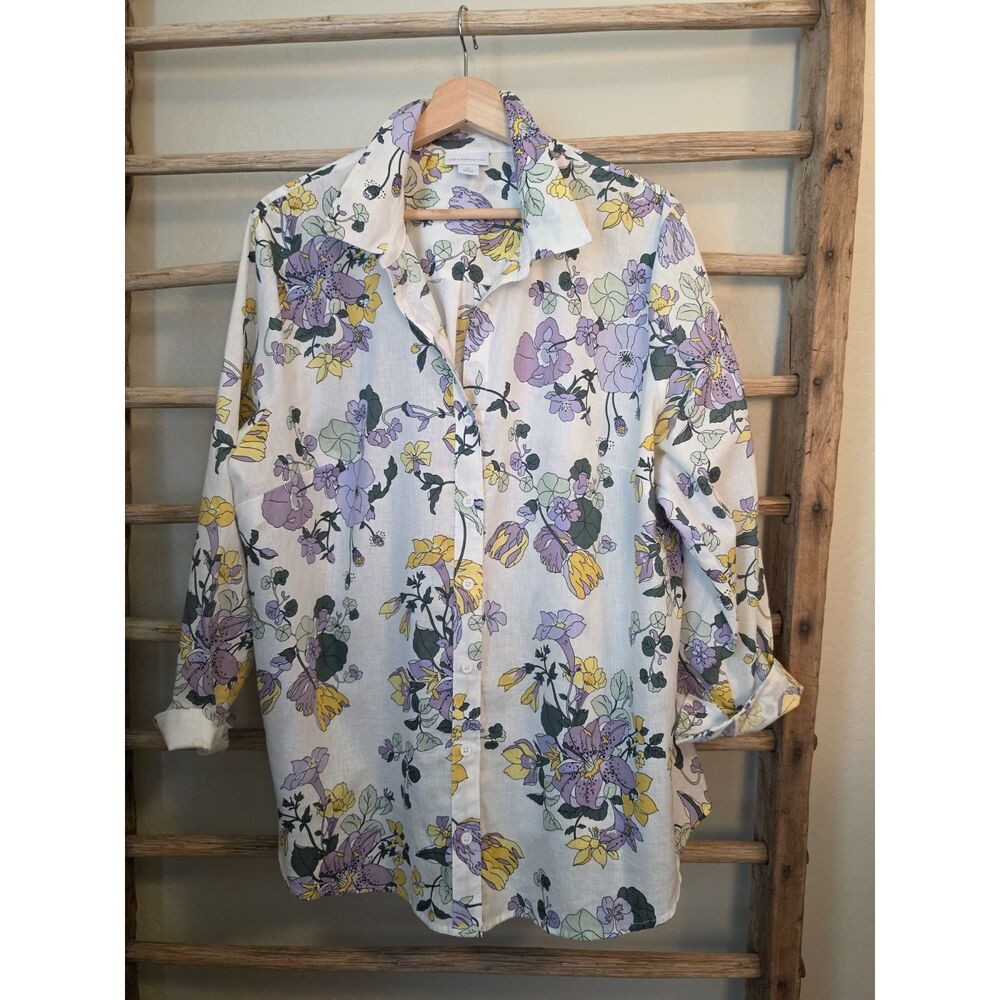 Liz Claiborne 1X Linen Cotton Floral Button Down Shirt Purple Yellow Botanical